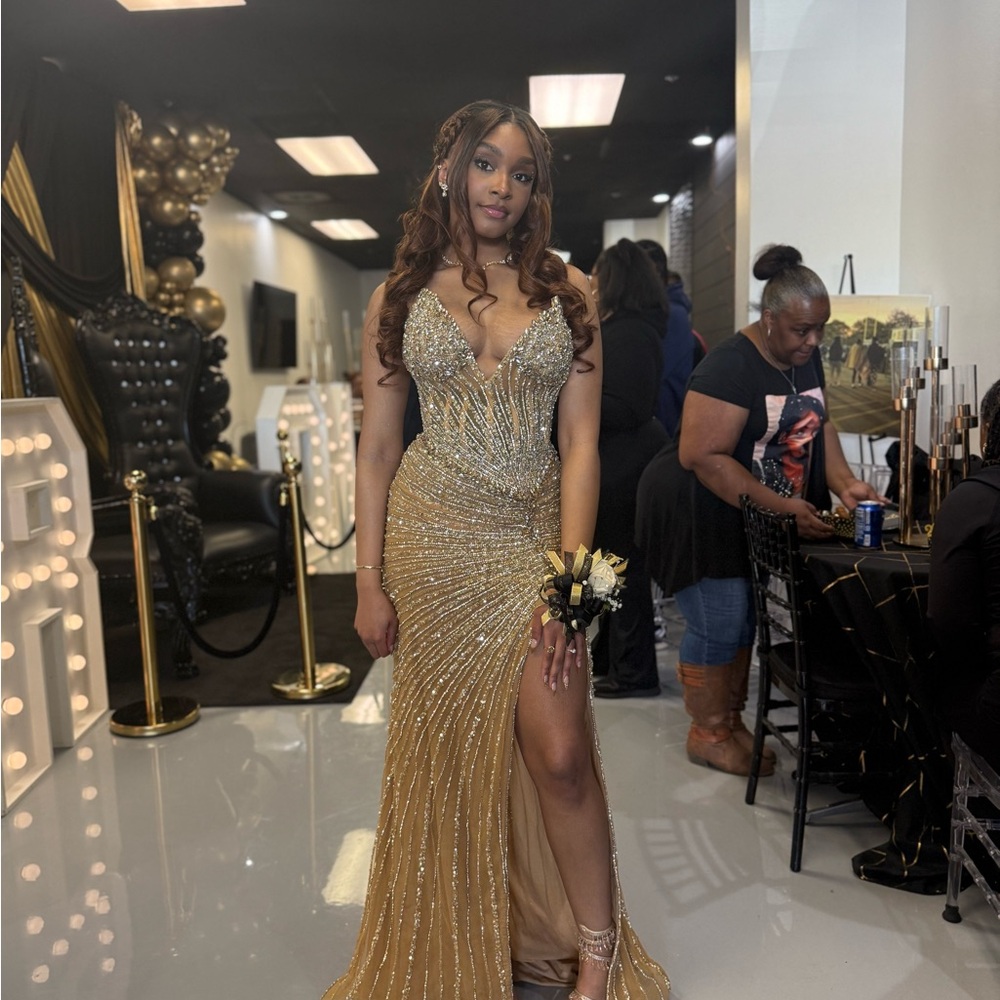 Gold Beaded V-Neck Evening Gown with Thigh Slit